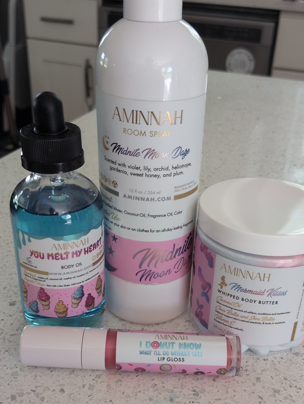 AMINNAH Midnite Moon Daze Room Spray, Body Oil , Lip Gloss Body Butter Bundle